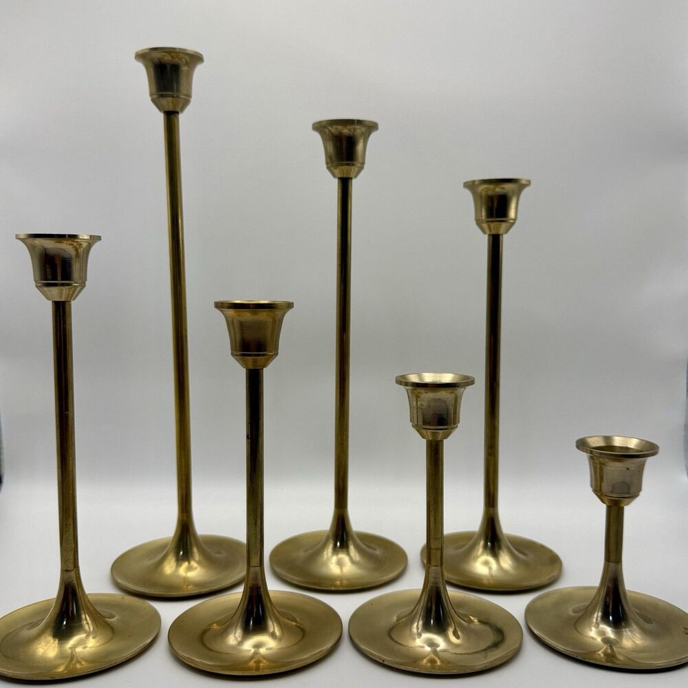 Vintage Set Of 7 Brass Candle Holders Graduated Tapered Candlesticks
